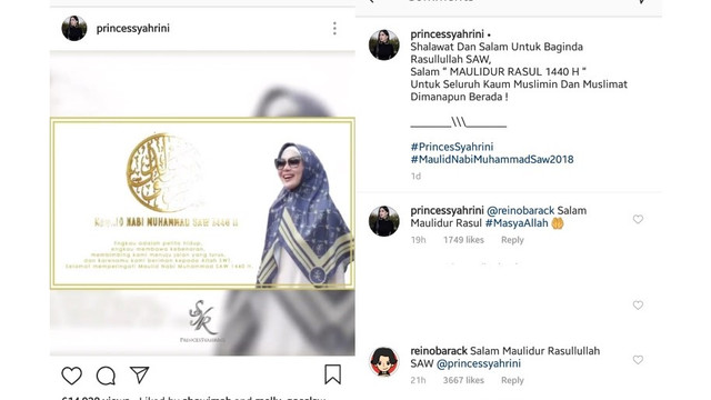 Syahrini dan Reino Barack berbalas komentar di medsos. (Foto: instagram.com/princessyahrini)