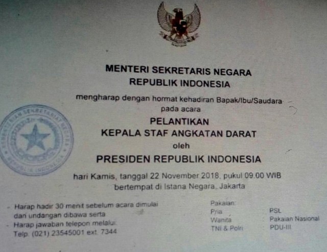 Undangan pelantikan KSAD. (Foto: Dok. Istimewa)