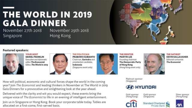 Diskusi The Economist yang akan menghadirkan Prabowo Subianto sebagai salah seorang pembicara. (Foto: Dok. The Economist)