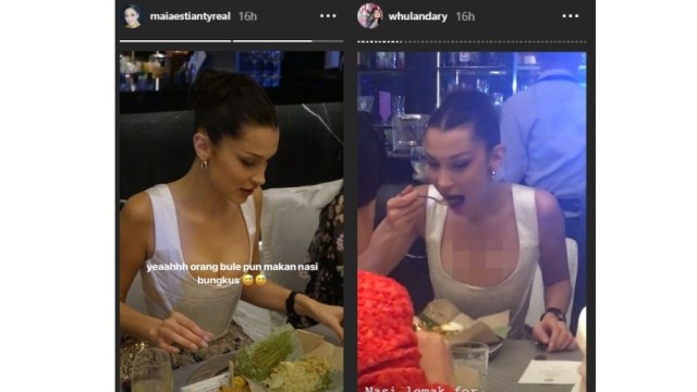 Bella Hadid makan nasi bungkus di Malaysia. (Foto: instagram/maiaestiantyreal & instagram/whulandary)