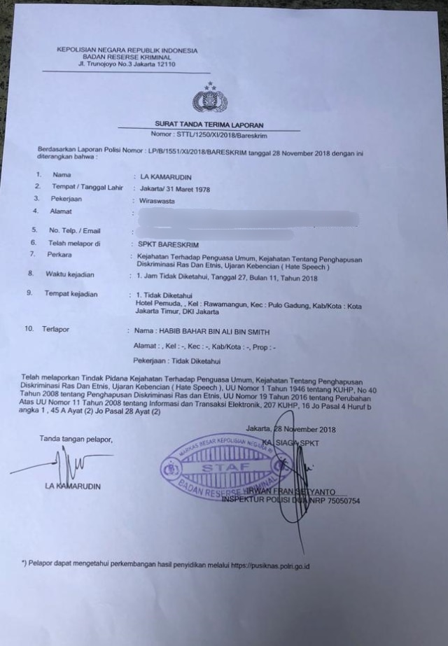 Laporan Habib Bahar Smith di Bareskrim. (Foto: Dok. Istimewa)