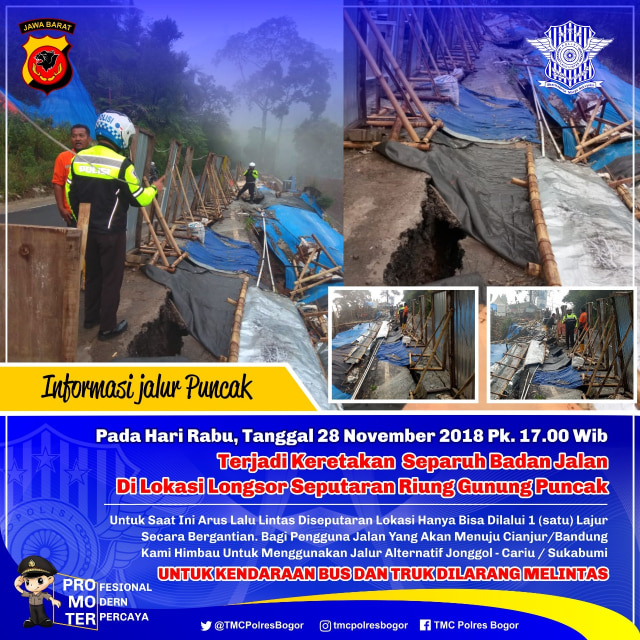 Jalan Retak di Puncak Bogor akibat longsor. (Foto: Dok Satlantas Polres Bogor)
