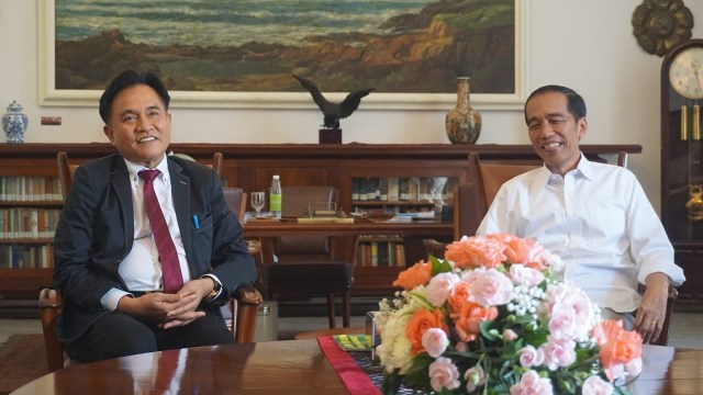 Presiden Jokowi (kanan) terima Yusril Ihza Mahendra di ruang kerja, Istana Bogor, Jawa Barat. Foto: Yudhistira Amran Saleh/kumparan