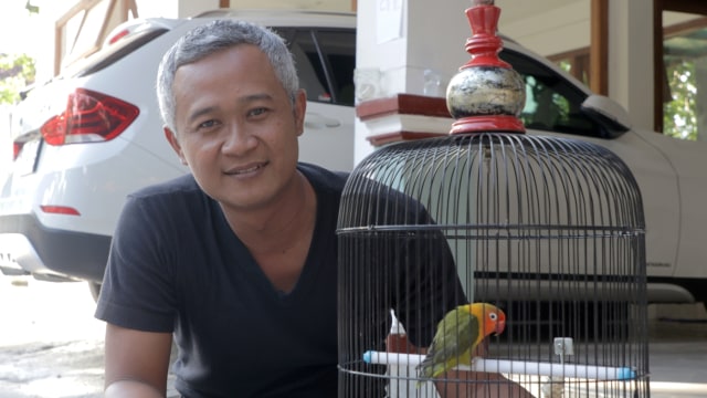 Sigit Marwanta dan salah satu koleksi lovebirdnya. (Foto: Tio Ridwan/kumparan)