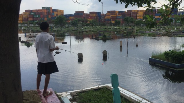 Seorang anak sedang memacing di Tempat Pemakaman Umum (TPU) Semper, Cilincing, Jakarta Utara yang terendam banjir.  (Foto:  Fachrul irwinsyah/kumparan)