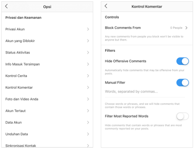 Opsi pengaturan filter komentar di Instagram. (Foto: Instagram)