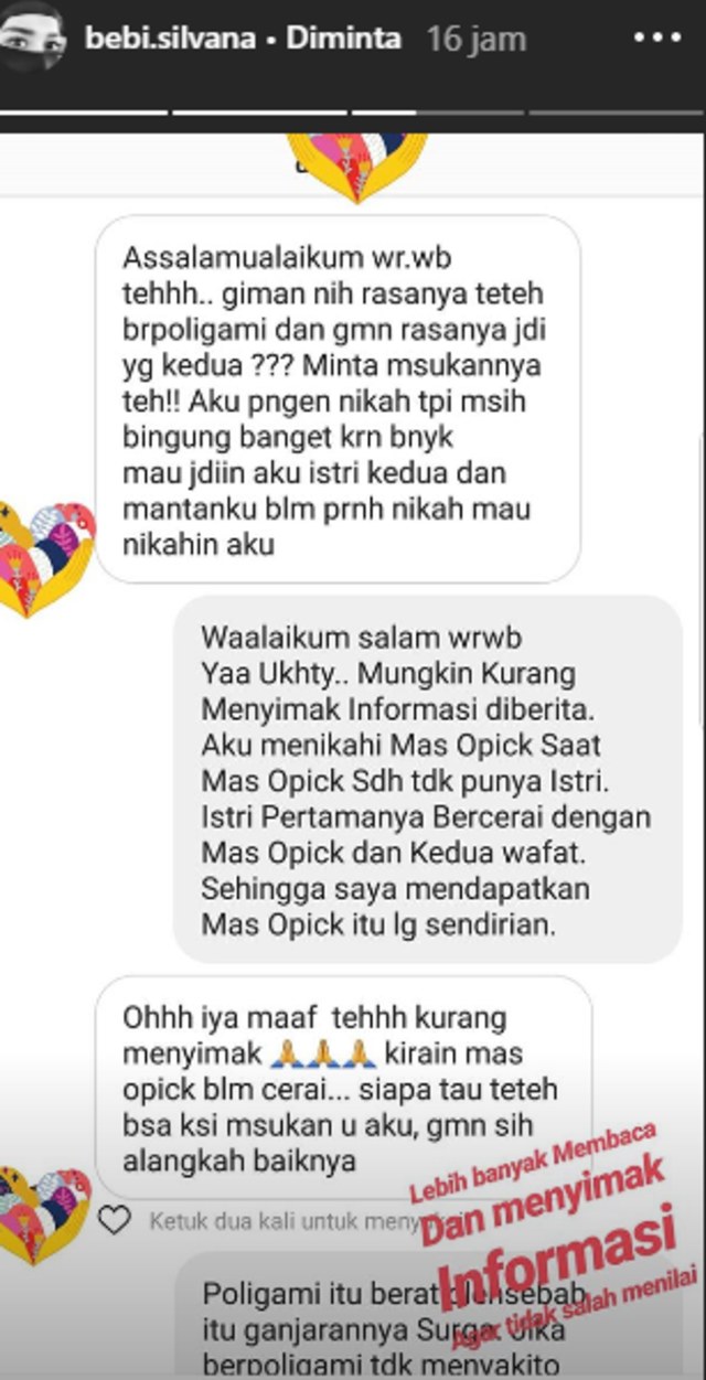 Jawaban Istri Ketiga Opick soal isu Poligami. (Foto: Instagram Story @bebi.silvana.)