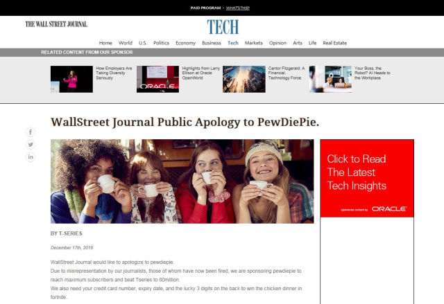 Screenshot laman konten berbayar di situs web The Wall Street Journal diretas hacker. (Foto: wsj.com)