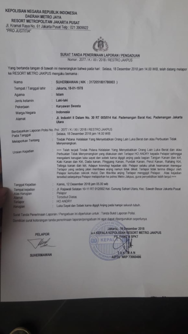 Laporan polisi yang dibuat oleh Herman, petugas keamanan yang digigit oleh hewan berjenis Pitbull. (Foto: Dok. Istimewa)