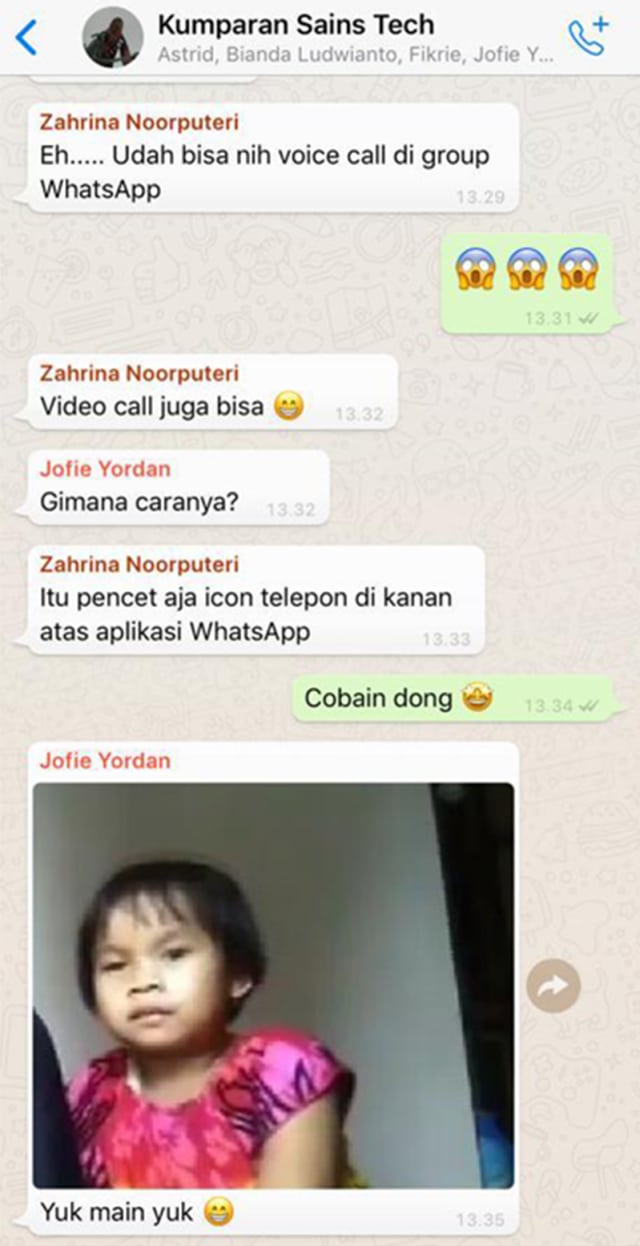 Fitur voice dan video call di WhatsApp group. (Foto: Screenshot Aplikasi WhatsApp)