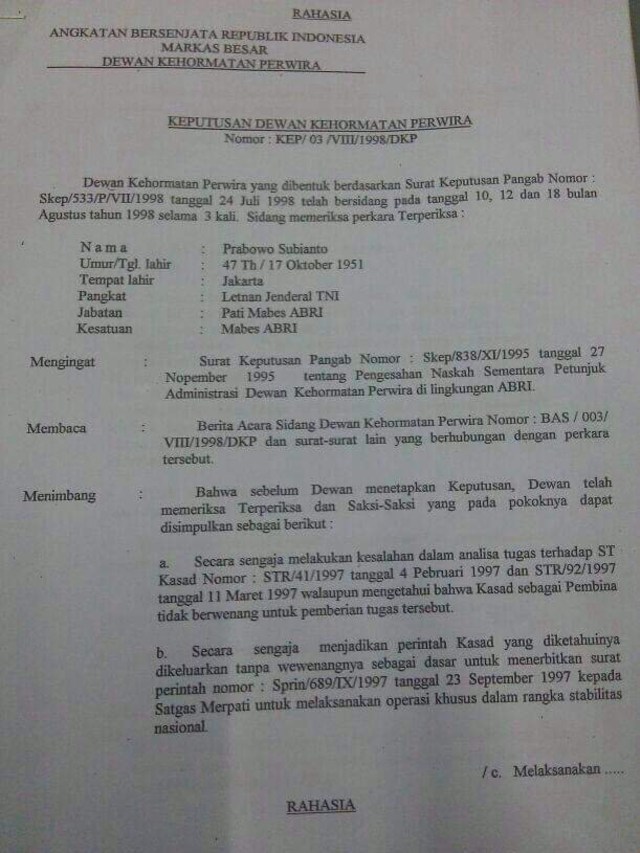 Keputusan DKP tentang Prabowo yang beredar di medsos (Foto: Istimewa)