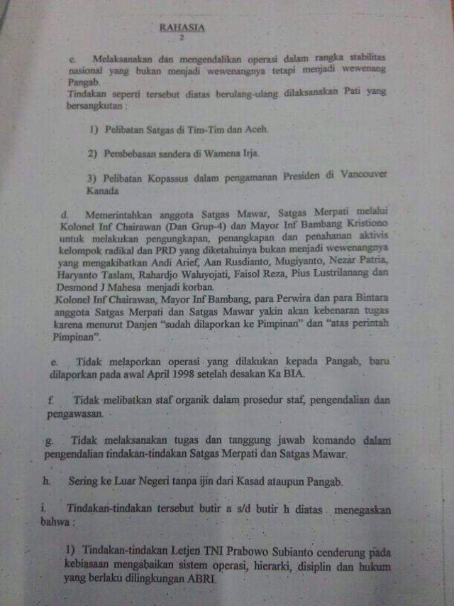 Surat pemecatan Prabowo dari TNI oleh DKP yang beredar (Foto: Istimewa)