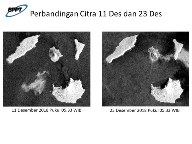 Perbandingan citra satelit sebelum dan sesudah longsor Krakatau. (Foto: Data Satelit Radar Sentinel-1A orbit dan BPPT)