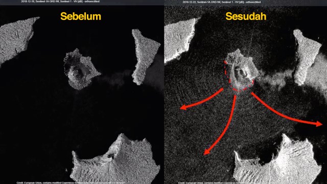 Perubahan tapak Gunung Anak Krakatau sebelum dan setelah tsunami Selat Sunda.  (Foto: ESA, CATnews)