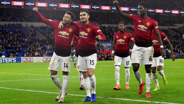 Manchester United merayakan kemenangan 5-1 atas Cardiff City. (Foto:  REUTERS/Rebecca Naden)