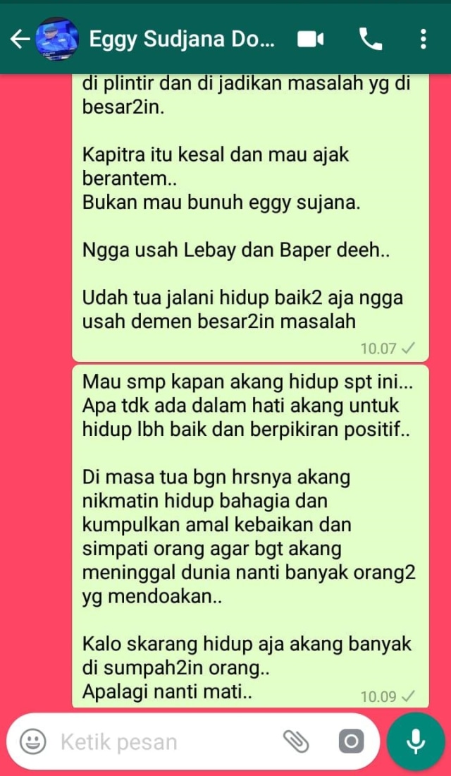 Chat politikus PDIP yang bilang ke Eggi, Kapitra mau bunuh Eggi. (Foto: Dok. Kapitra Ampera)