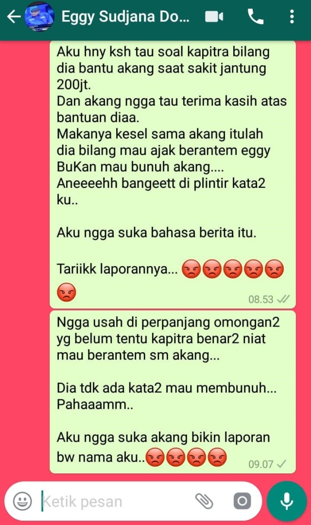Chat politikus PDIP yang bilang ke Eggi, Kapitra mau bunuh Eggi. (Foto: Dok. Kapitra Ampera)