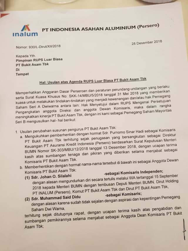 Hasil RUPSLB PT Bukit Asam Tbk (Foto: Dok. Istimewa)