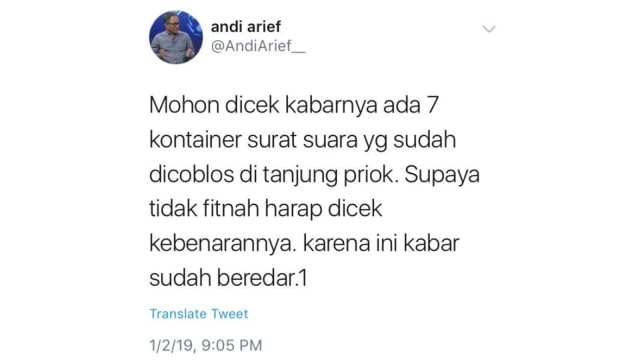 Cuitan Andi Arief soal 7 kontainer surat suara tercoblos. (Foto: Istimewa)