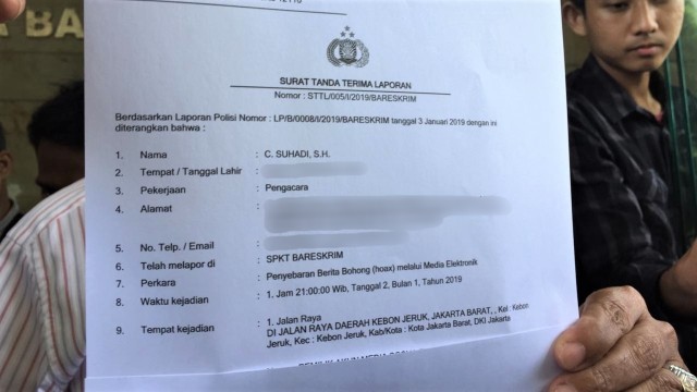 Surat tanda terima laporan Tim Advokasi TKN laporkan Andi Arief ke Bareskrim Polri. (Foto: Mirsan Simamora/kumparan)