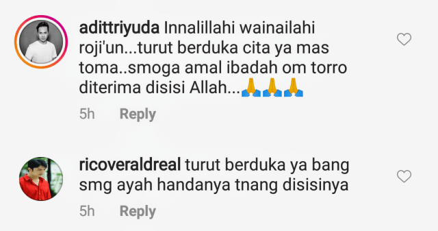 Ucapan belasungkawa dari kalangan artis atas meninggalnya Torro Margens. (Foto: Instagram/@adittriyuda dan @ricoveraldreal)