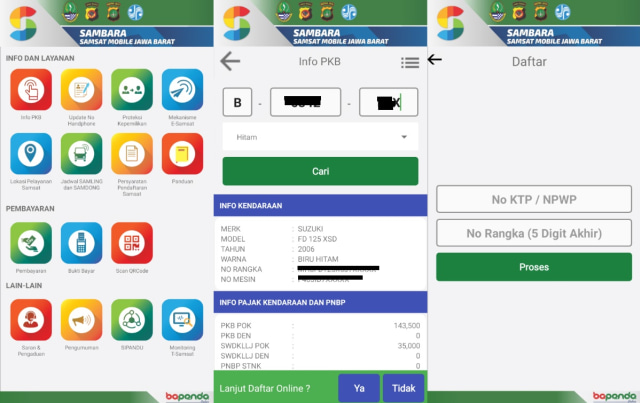 Urutan cara melakukan pembayaran pajak kendaraan via aplikasi Sambara. (Foto: Istimewa)