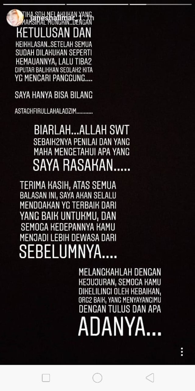 Sindiran Jane Shalimar untuk Vanessa Angel (Foto: IG @janeshalimar_1)