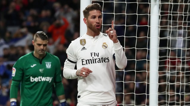 Sergio Ramos merayakan gol ke gawang Leganes. (Foto: Reuters/Susana Vera)