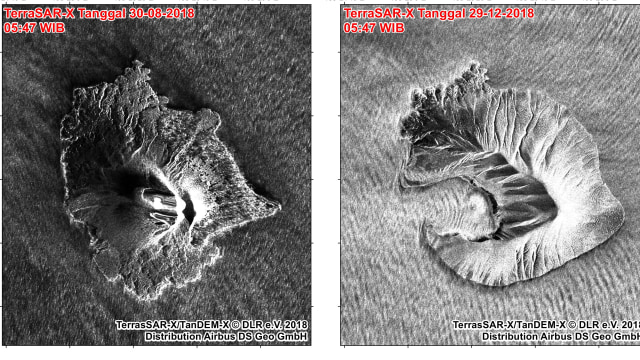Citra Satelit Gunung Anak Krakatau sebelum dan sesudah erupsi (Foto: Pusfatja LAPAN)