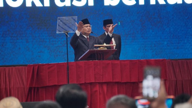 Prabowo Subianto saat menyampaikan pidato kebangsaan di JCC Senayan, Jakarta, Senin (14/1). (Foto: Jamal Ramadhan/kumparan )