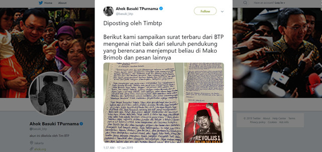 Postingan Twitter Basuki Tjahaja Purnama terkait sukarelawan yang ingin menjemputnya di Mako Brimob. (Foto: Screenshoot Twitter/@basuki_btp)
