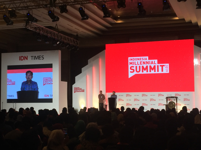 Jusuf Kalla di Indonesia Millennial Summit 2019 (Foto: Agaton Kenshanahan/kumparan)