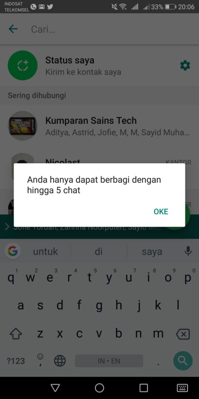 Notifikasi batas forward pesan di WhatsApp. (Foto: kumparan)
