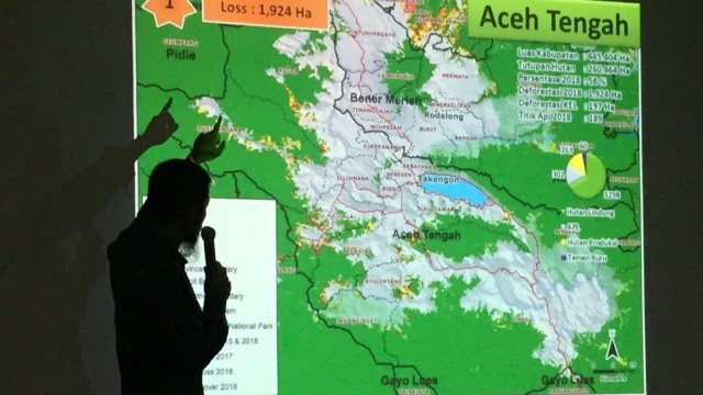 GIS Manager HAkA, Agung Dwinurcahya menjelaskan data deforestasi hutan Aceh bagian tengah. (Foto: Zuhri Noviandi/kumparan)