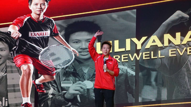 Liliyana Natsir menyampaikan salam perpisahan di Istora Senayan, Jakarta, Minggu (27/1/2019). (Foto: Irfan Adi Saputra/kumparan)