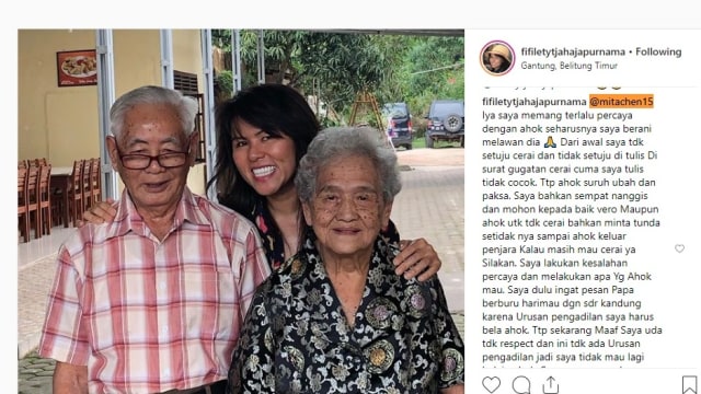 Komentar Fifi Lety soal pernikahan Basuki Tjahaja Purnama 'Ahok' dan Puput. (Foto: Instagram/@fifiletytjahajapurnama)
