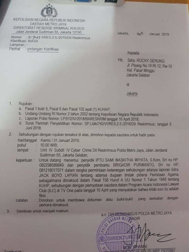 Surat panggilan Rocky Gerung. (Foto: Dok. Istimewa)