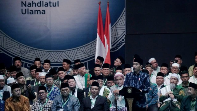 Presiden Jokowi memberikan sambutannya di acara Hari Lahir ke-93 NU di JCC Senayan, Jakarta, Kamis (31/1). (Foto: Nugroho Sejati/kumparan )