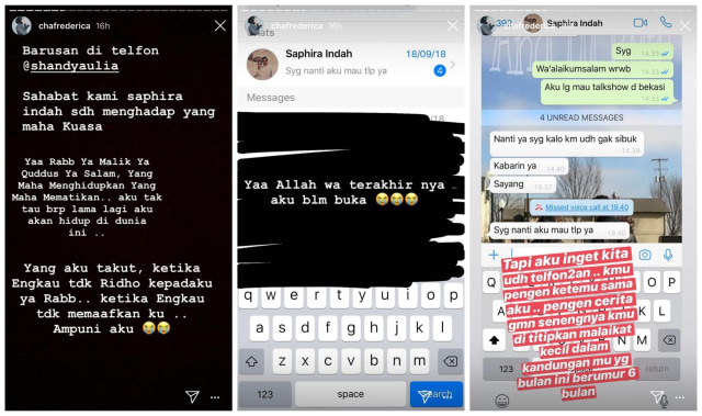 Instagram Story Chacha Frederica tentang Saphira Indah (Foto: Instagram @chafrederica)