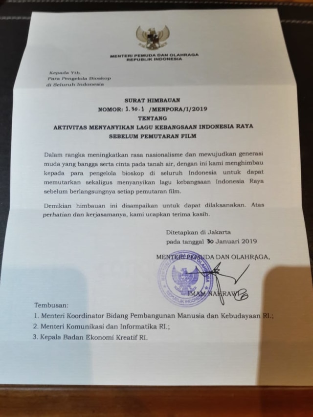 Surat edaran kemenpora yang imbau penonton bioskop untuk menyanyikan lagu Indonesia Raya. (Foto: Dok. Istimewa)