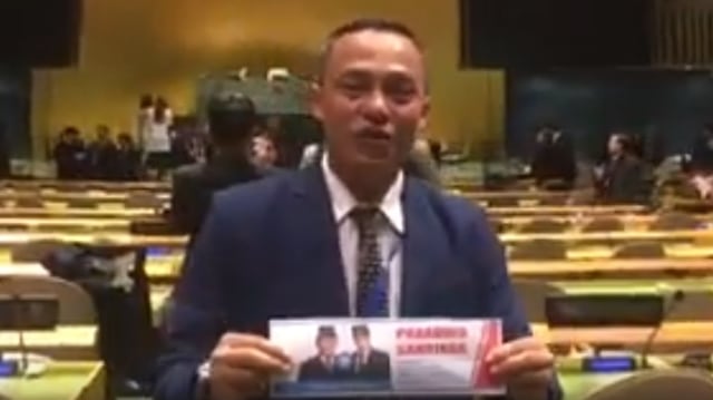 Video seorang pria yang berada di Markas PBB memberikan dukungan untuk Prabowo Subianto. Foto: Youtube