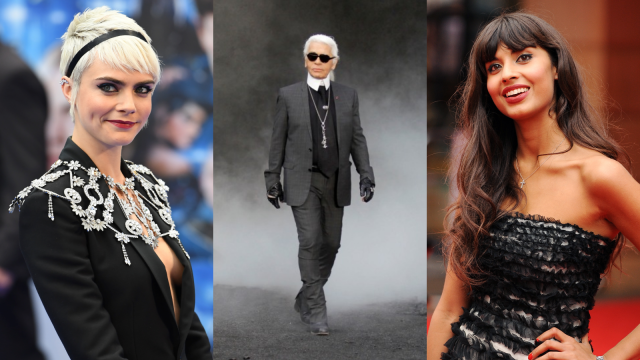 Cara Delevingne, Karl Lagerfeld, dan Jameela Jamil. Foto: AFP/Chris J Ratcliffe, REUTERS/Benoit Tessier, AFP/CARL DE SOUZA