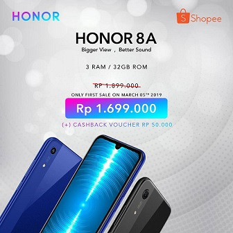 HONOR 8A First Sale Berikan Harga Special Rp.1.699.000 Hanya di Shopee