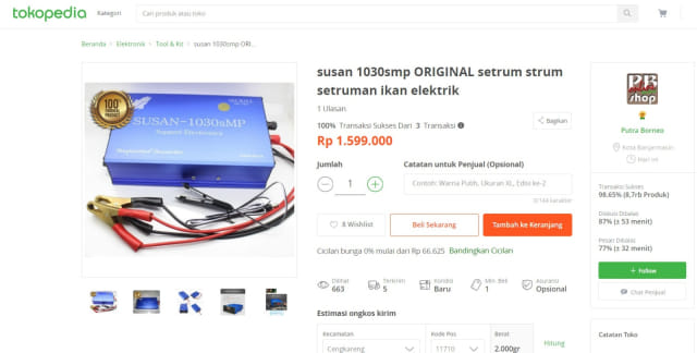Alat setrum ikan yang dijual bebas. Foto: Dok.Tokopedia