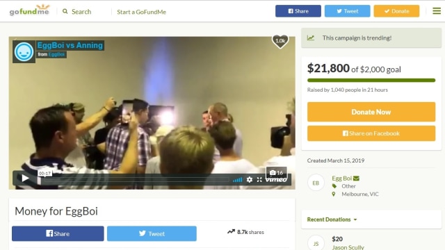 Laman situs Gofundme untuk donasi pelempar telur di Australia. Foto: Dok. GoFundMe