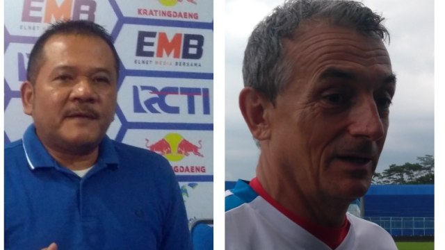 CEO Arema FC Agoes Soerjanto dan Pelatih Arema FC Milomir Seslija. (foto: gigih mazda/tugu malang).