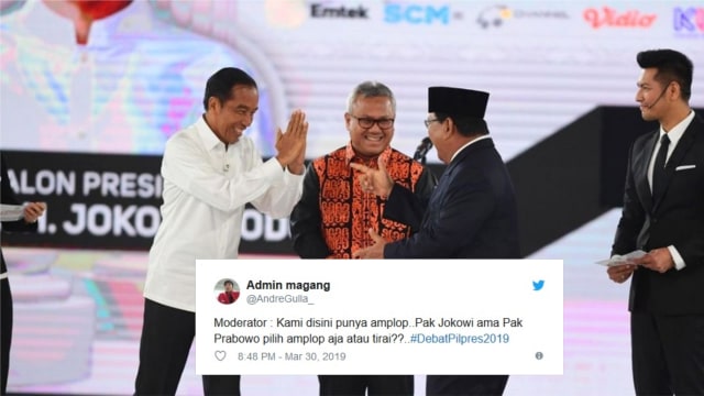 Debat Pilpres 2019 putaran keempat kembali mengundang perhatian warganet Twitter untuk mengelaurkan cuitan kocak. (foto: kumparan dan Twitter/@AndreGulla_)