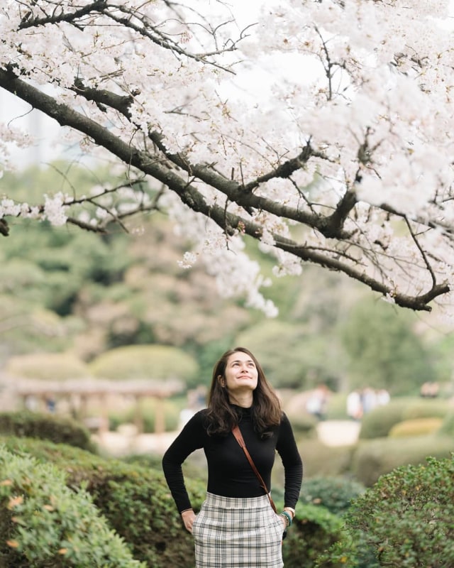 Sabai Morscheck berpose di bawah bunga sakura yang indah. Foto: Instagram @sabaidieter