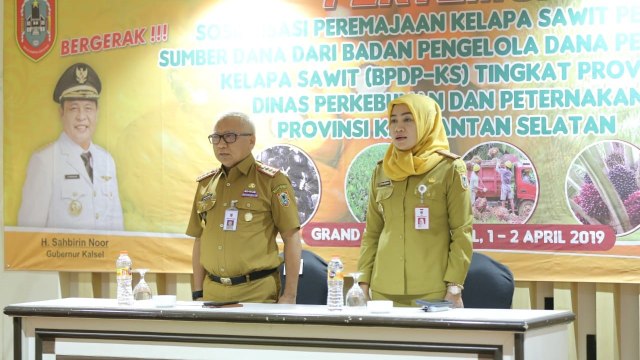Sekdaprov Kalsel H Abdul Haris (kiri) dan Kepala Dinas Perkebunan dan Peternakan Kalsel Suparmi ketika sosialisasi peremajaan kelapa sawit, Senin (1/4). Foto: Humpro Kalsel