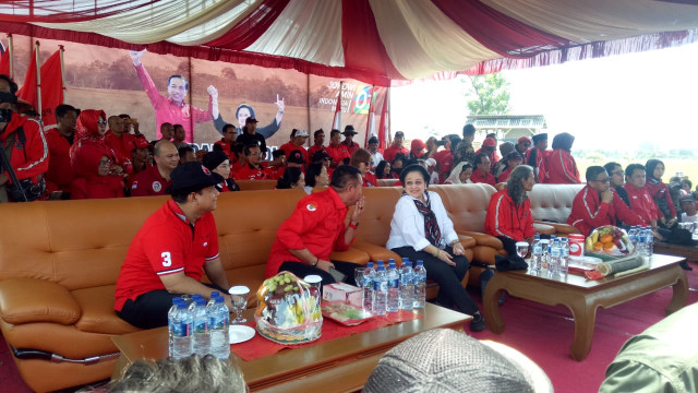 Ketum PDIP Megawati Soekarnoputri, Ketua DPD PDIP Jabar TB Hasanudin, Sekjen PDIP Hasto Kristiyanto dan pengurus DPD PDIP Jabar hadir dalam Panen Raya Padi MSP di Indramayu, Jawa Barat, Kamis (4/4). Foto: Fahrian Saleh/kumparan